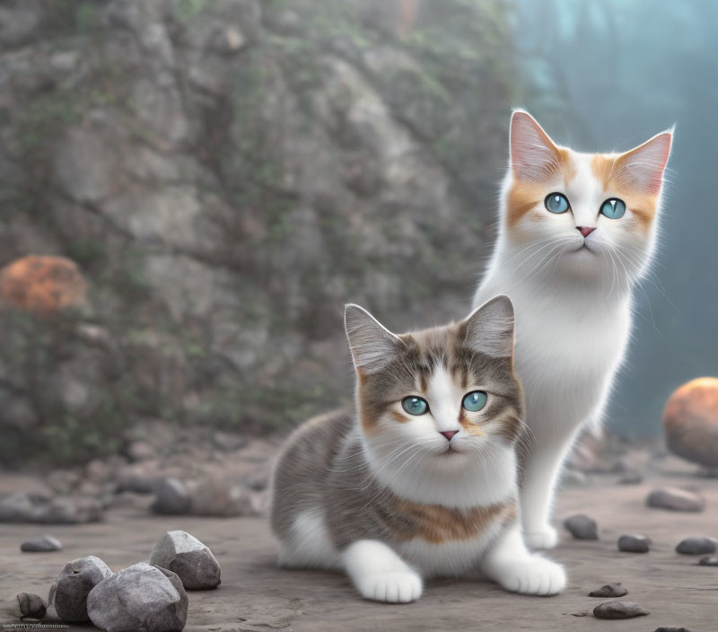 Striking blue-eyed cats on rocky ground with fog and mushrooms.