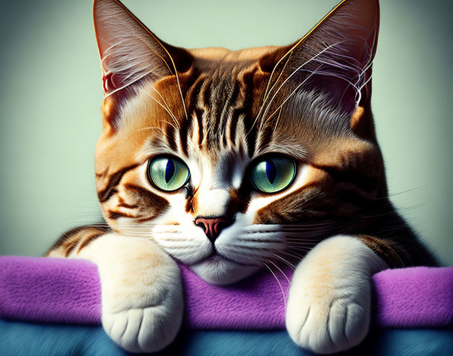 Tabby Cat with Big Green Eyes on Purple Ledge Against Blue Background