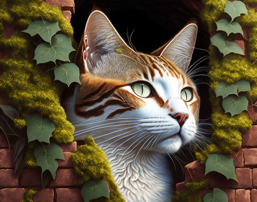 Detailed Tabby Cat Illustration Peering from Brick Opening surrounded by Ivy