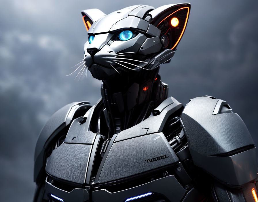 Futuristic black robotic cat with blue eyes in sleek armor