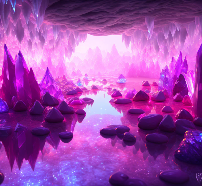 Mystical cave with purple crystals, stalactites, and reflective water