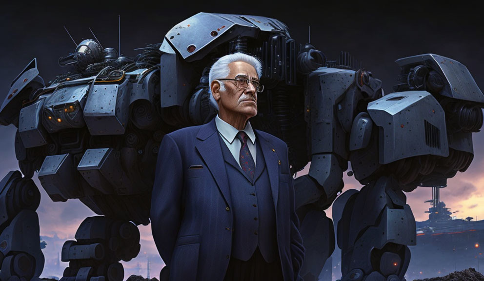 Elderly man in suit faces massive armored robot under dramatic sky