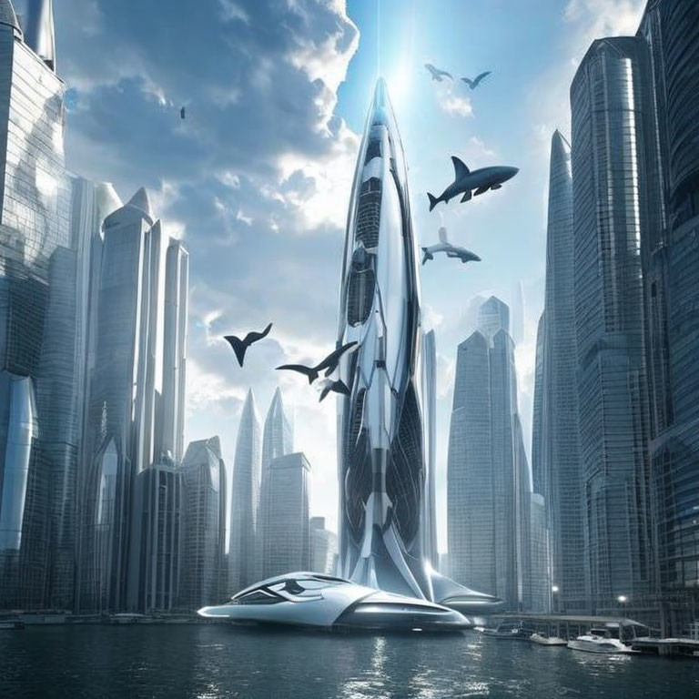 Futuristic cityscape with central tower, high-rises, hovering vehicles, and birds