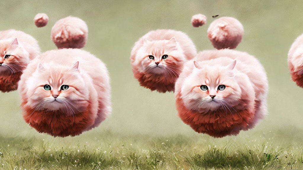 Fluffy orange cats floating above grassy field in serene setting