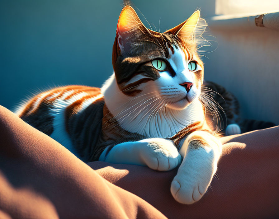 Striped domestic cat lounging in warm sunlight on soft surface gazes intently.