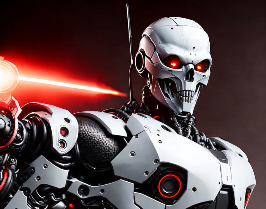 Futuristic robot with skull-like face and red glowing eyes on dark background