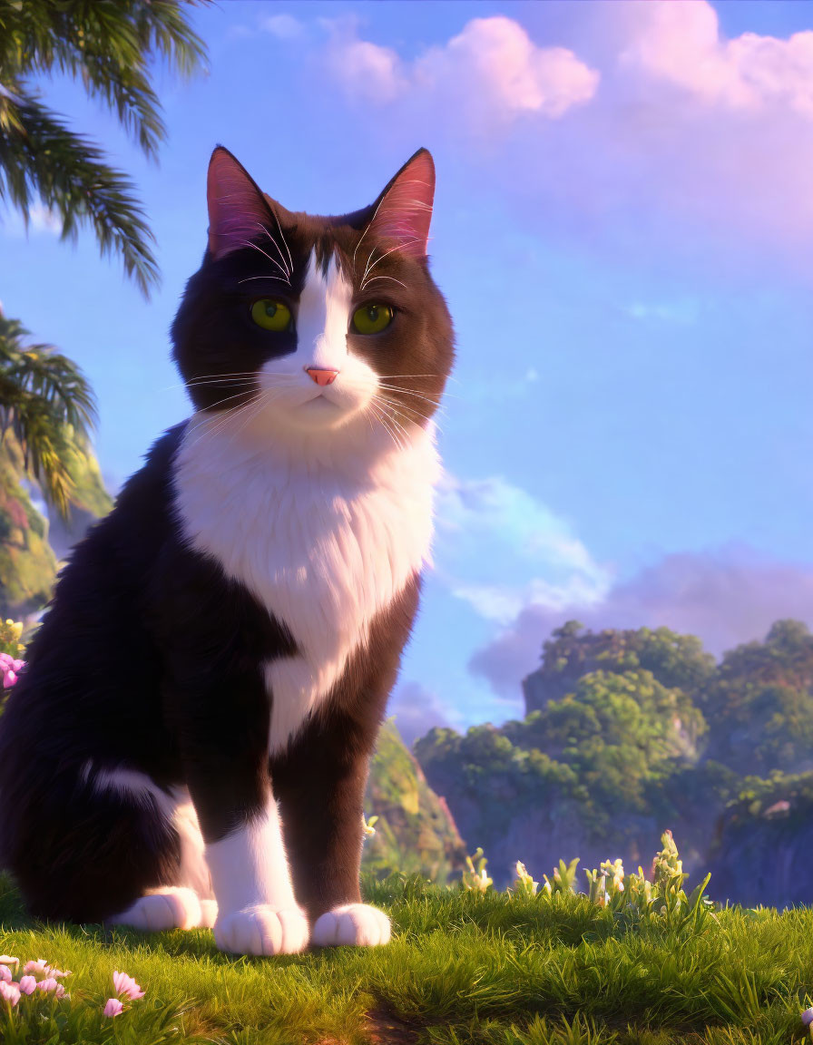 CGI image of black and white cat in lush landscape with pink flowers