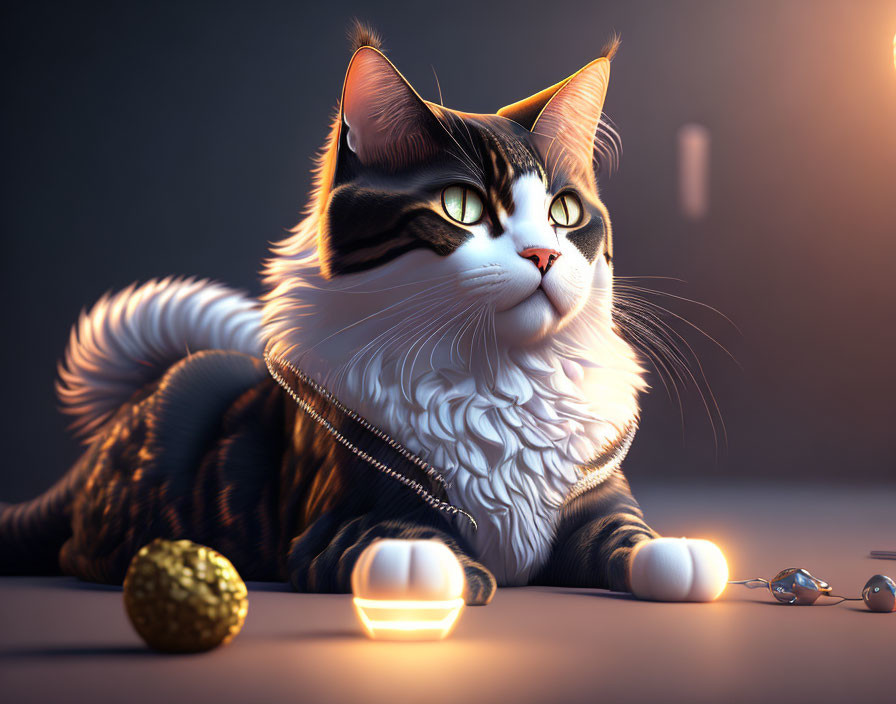 3D-rendered black and white cat with zipper collar, candle, and golden ball