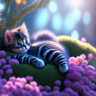 Striped kitten in purple flowers under blue forest sunlight