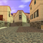 Traditional European-style buildings on cobblestone street under warm sunlight