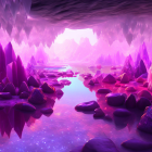 Mystical cave with purple crystals, stalactites, and reflective water