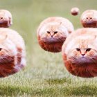 Fluffy orange cats floating above grassy field in serene setting