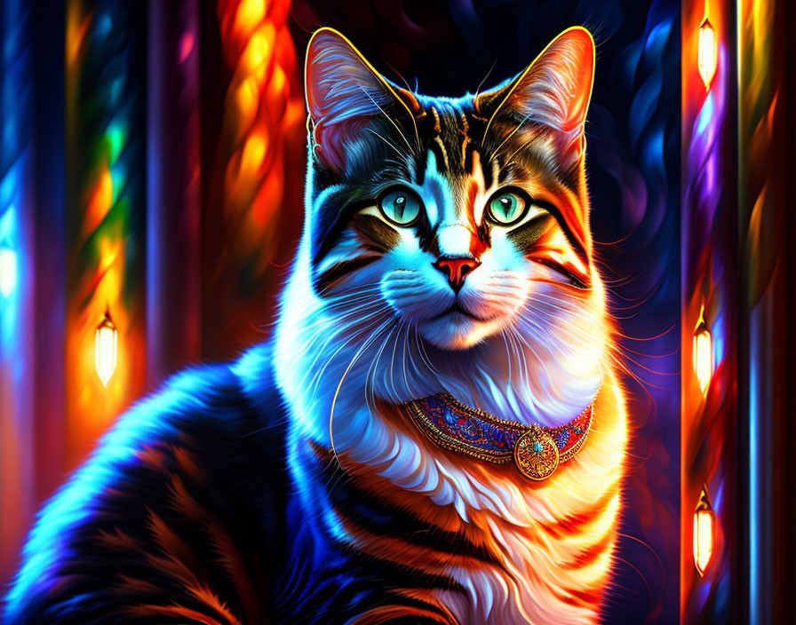 Colorful cat digital art with jewel collar on vibrant background