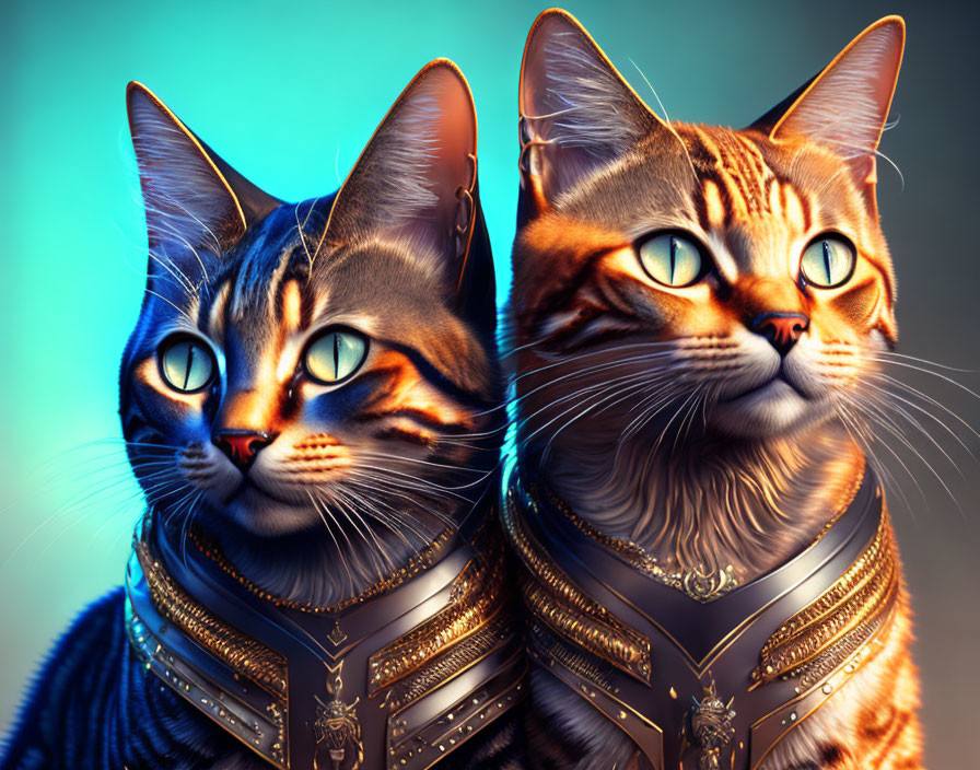 Regal Cats in Detailed Armor on Blue and Orange Gradient