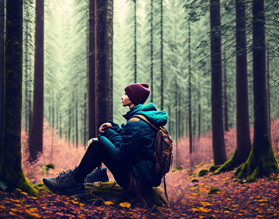 Person in winter hat and jacket sitting on tree stump in misty forest landscape