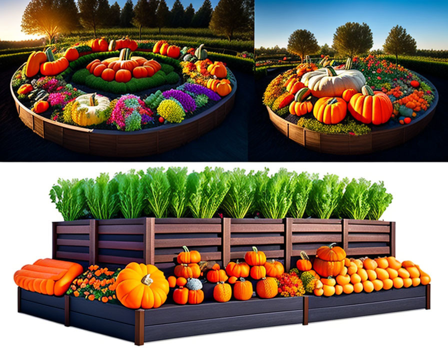 Raised Garden Beds with Colorful Flowers and Pumpkins vs. Leafy Greens and Oranges