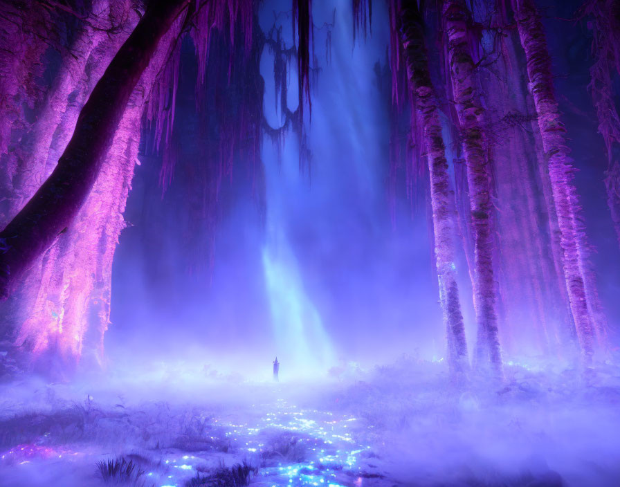 Mysterious forest with purple lighting, mist, and lone figure among towering trees and glowing path