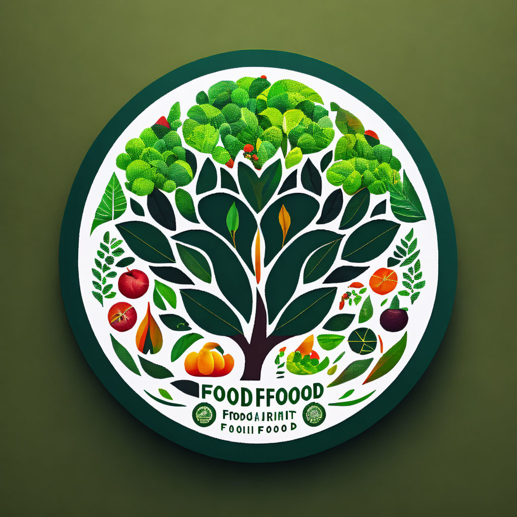 Fruit tree graphic with assorted fruits and leaves in green border with repeated word "FOOD