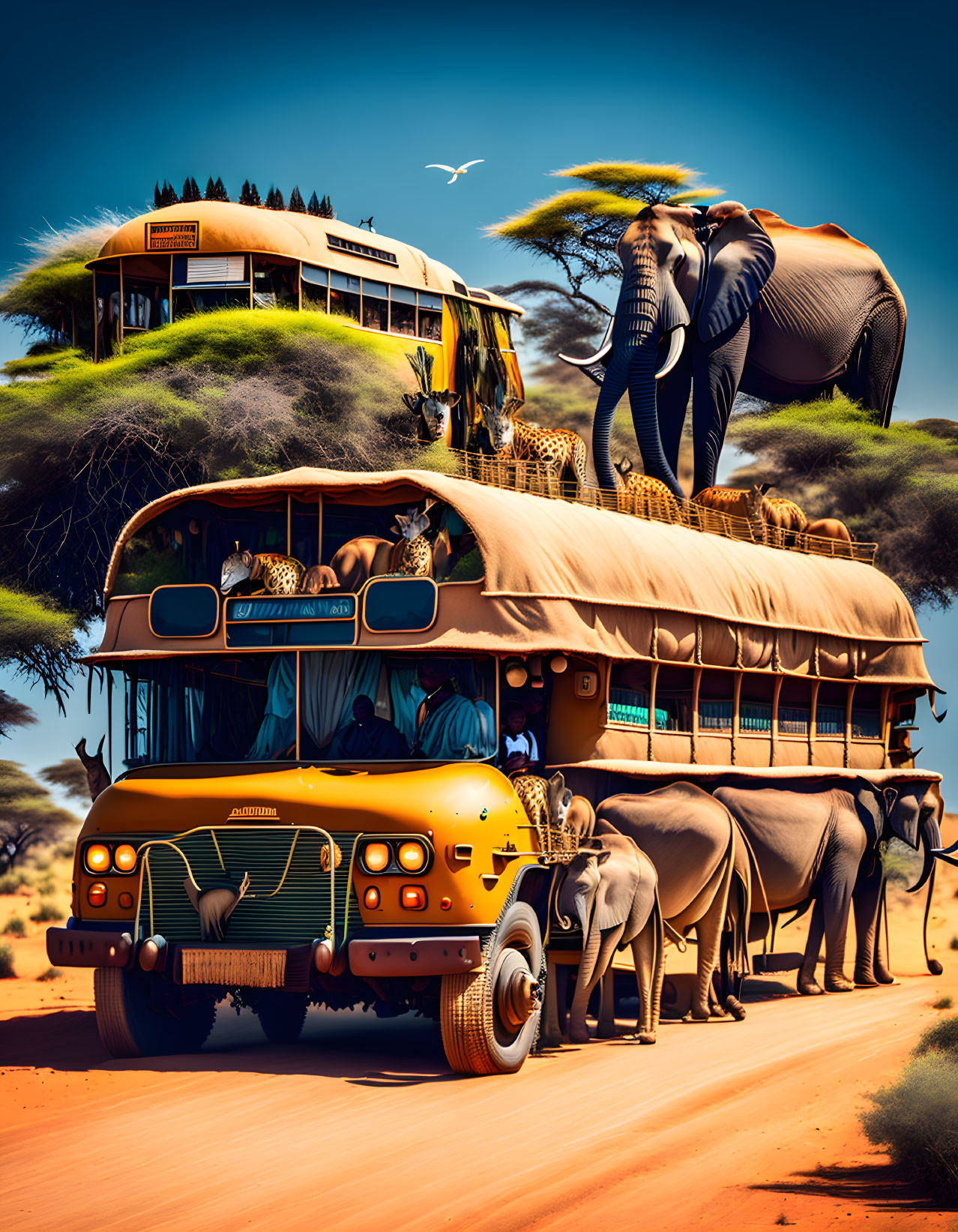 Whimsical double-decker bus with elephants and passengers in desert landscape