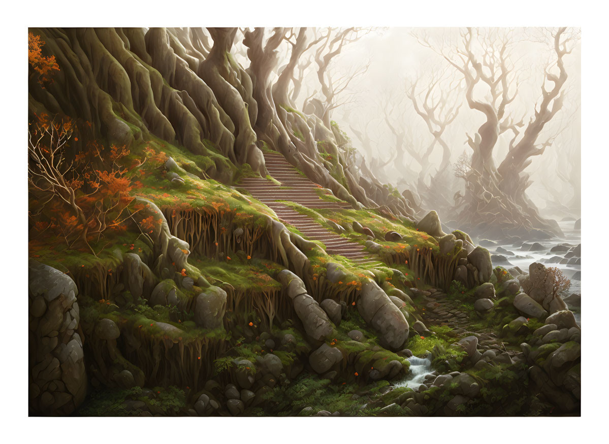 Mystical forest with twisted trees, sunbeams, stone steps, moss, and flowers