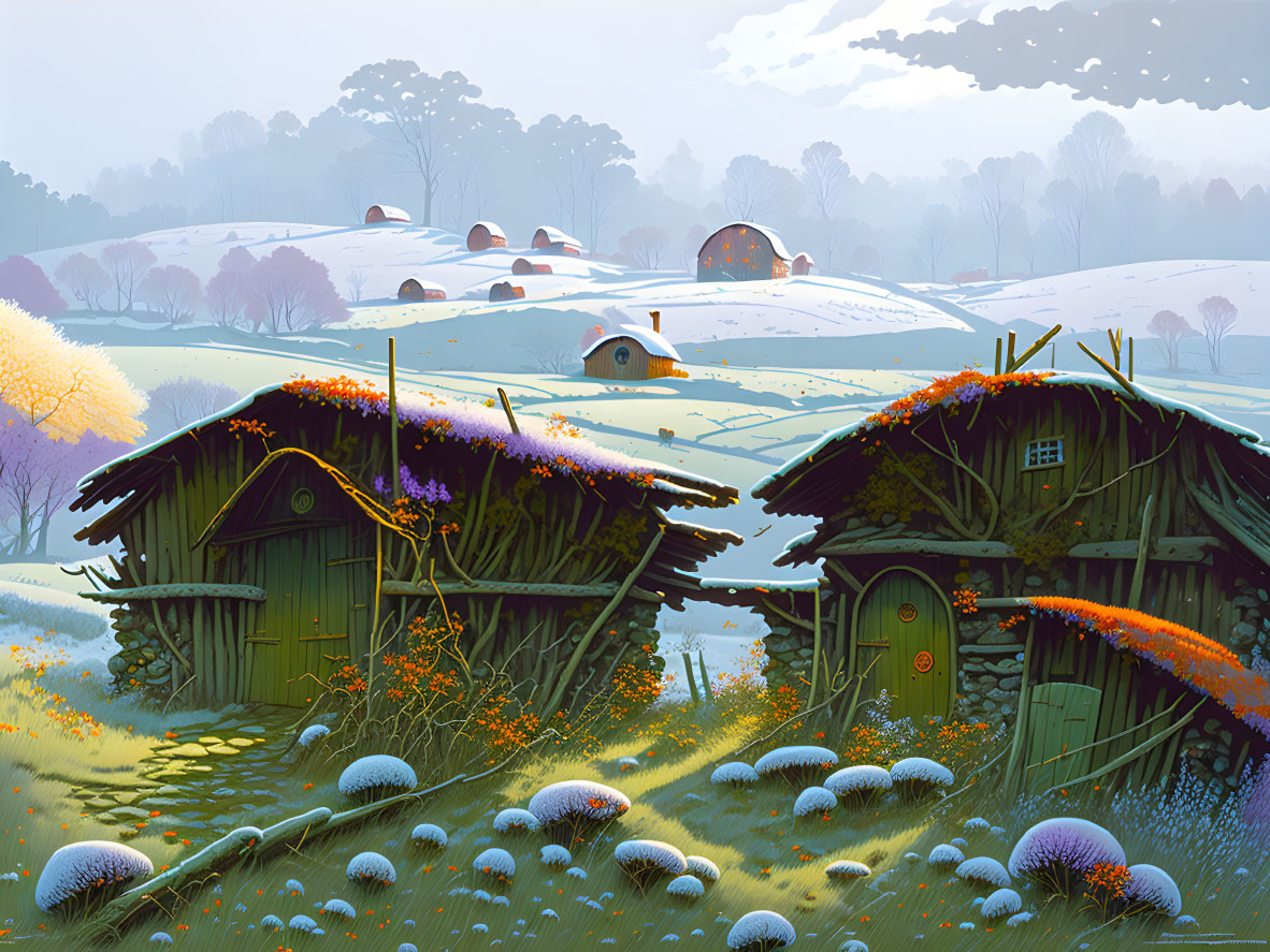Idyllic countryside scene with thatched-roof cottages and white mushrooms