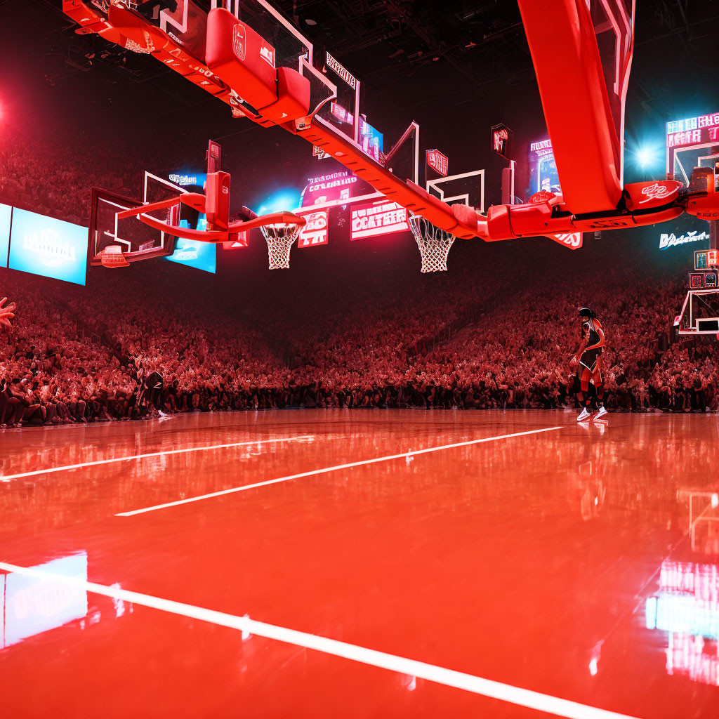 Basketball player on red-lit court with multiple hoops and vibrant crowd.