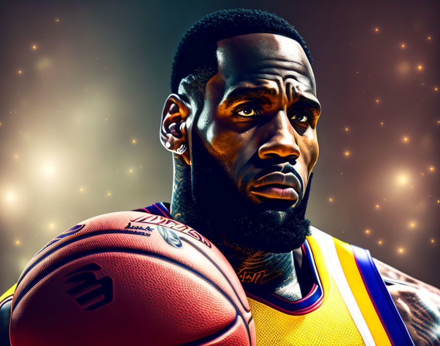 Stylized basketball player in yellow and purple jersey with focused expression