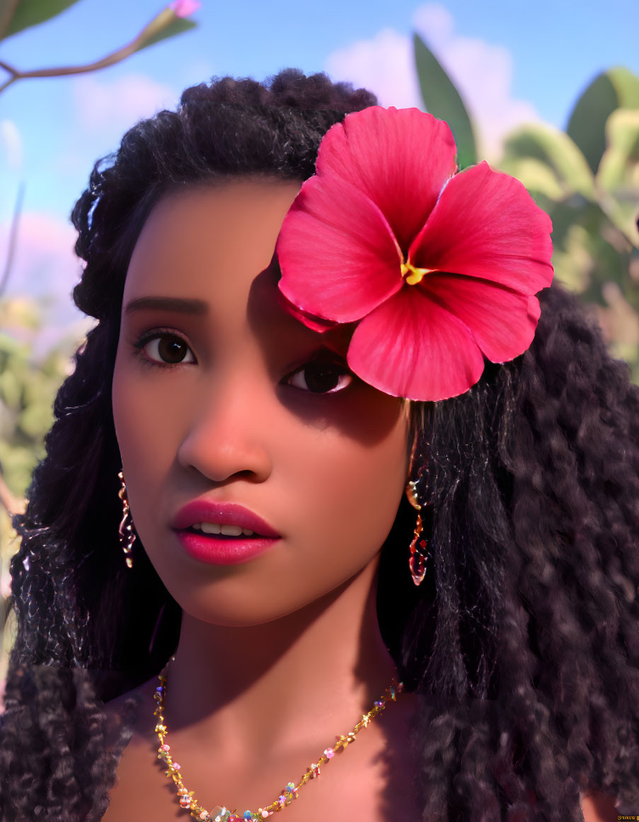 3D-rendered image of woman with dark curly hair and red flower, earrings, and necklace against