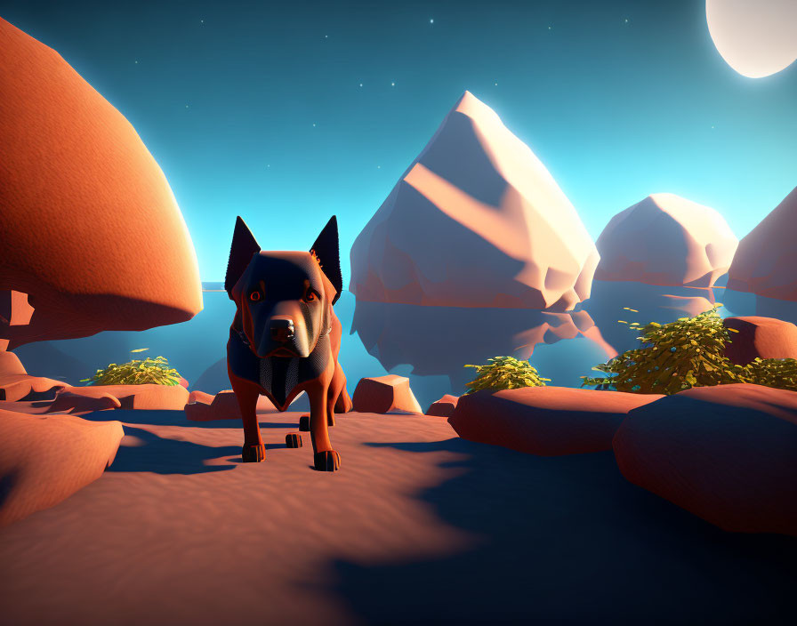 3D illustration of dog in desert with orange tones, rocks, moon