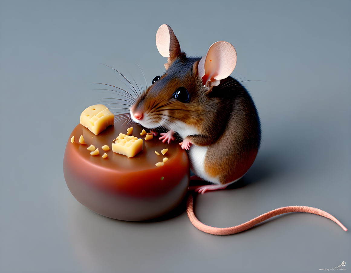 Realistic 3D illustration: Adorable mouse with cheese on brown circle