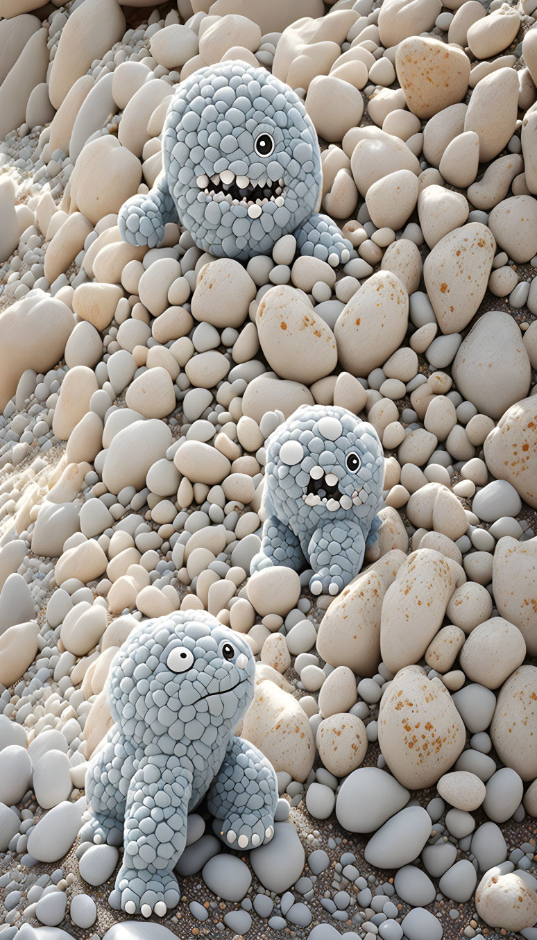 Stylized creatures with pebble-like textures among smooth stones