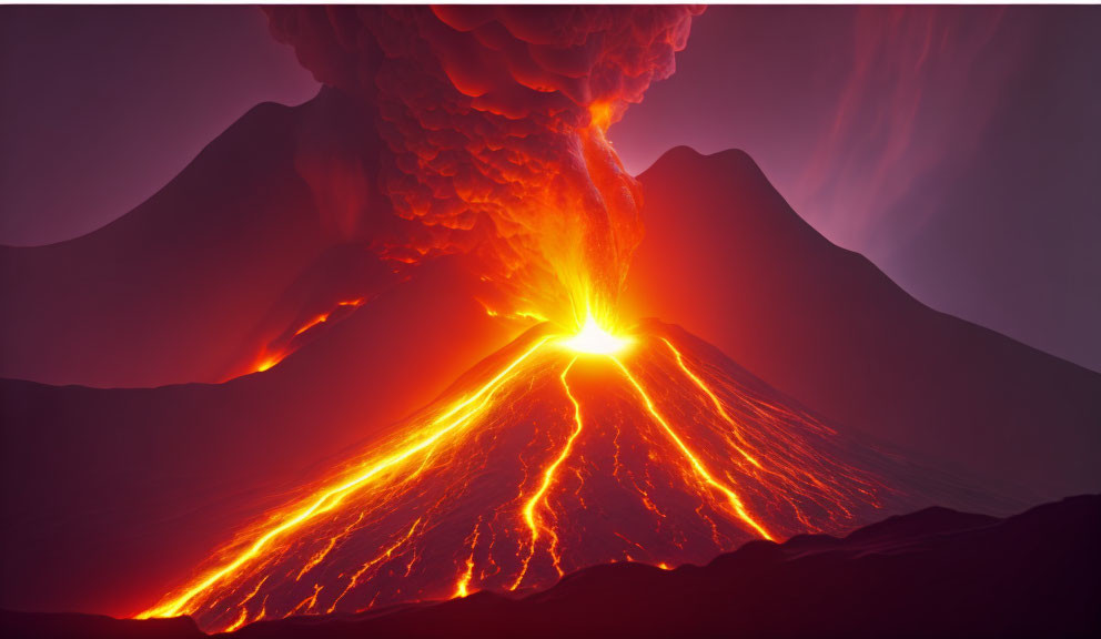 Volcano erupting at night with glowing lava flows and ash plume