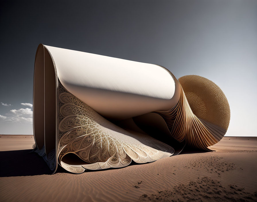 Curled paper with intricate patterns against desert backdrop