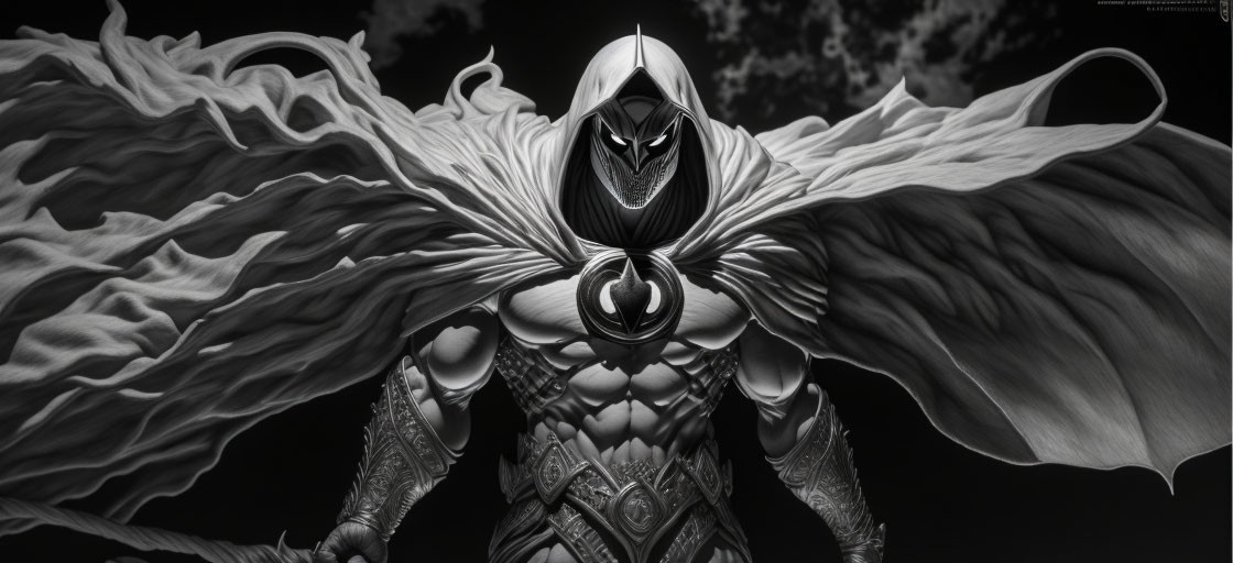 Monochrome image of majestic hooded fantasy character in elaborate armor against dark sky