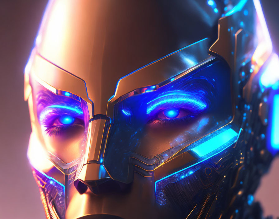 Futuristic robotic face with glowing blue eyes and neon lights