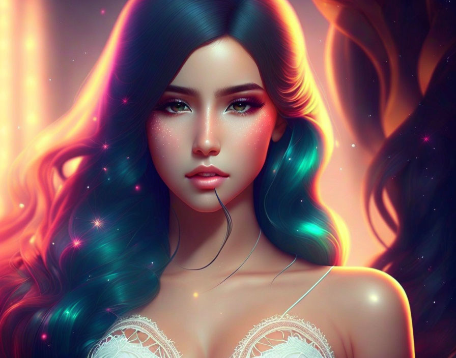 Digital art portrait of woman with long wavy blue and purple hair and luminous freckles