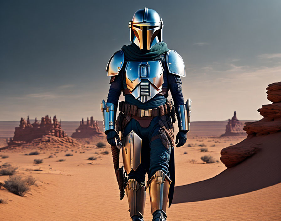 Blue and Silver Armored Character Walking in Desert Landscape