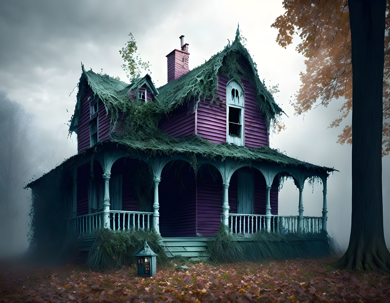 Eerie Purple Abandoned House in Misty Forest