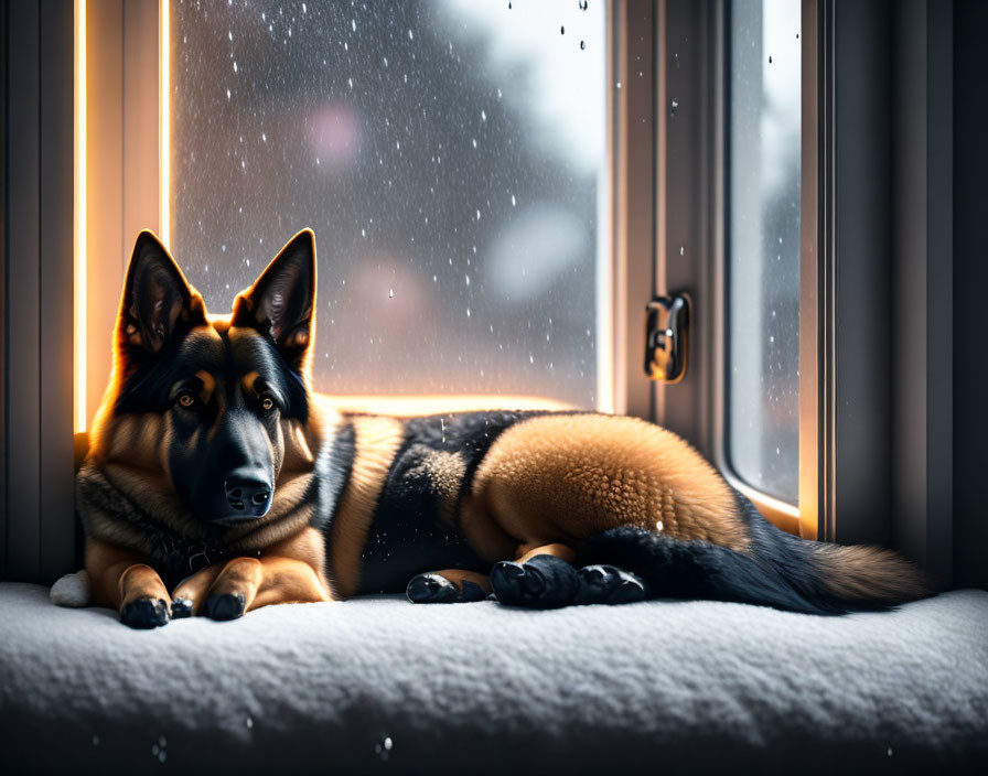 German Shepherd relaxing on window seat during snowfall.