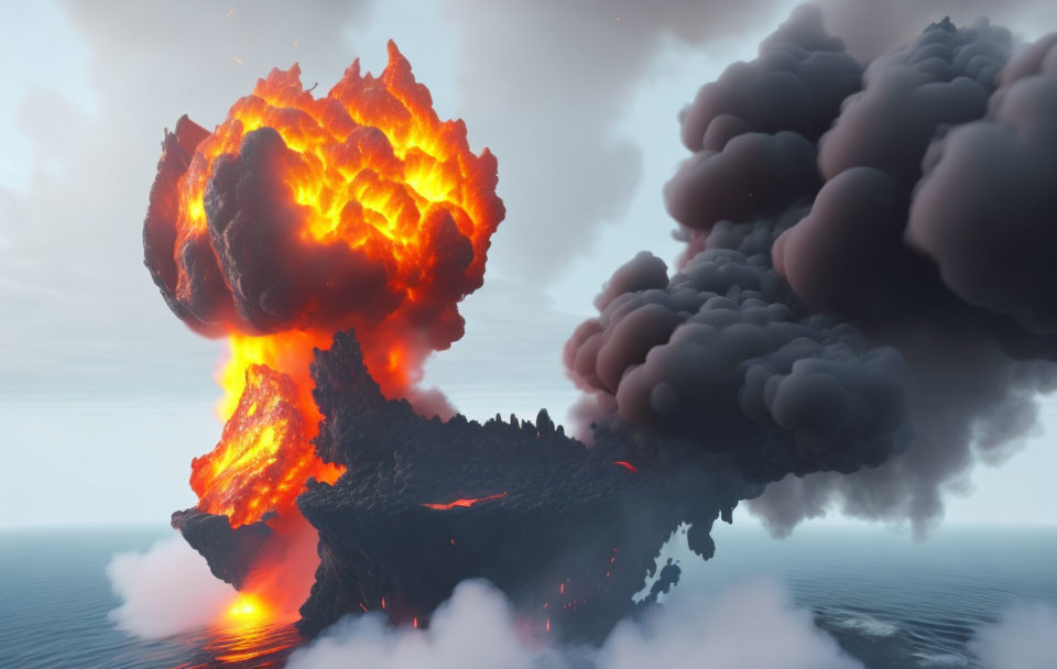 Volcanic eruption spewing fiery lava over ocean under cloudy sky