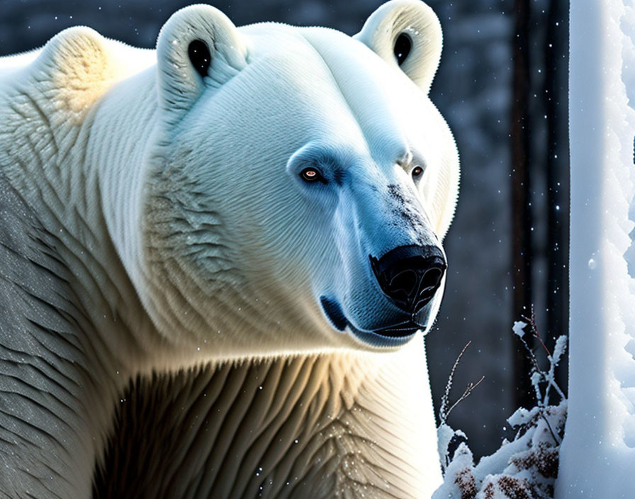 Polar bear close-up with snowflakes, black nose, and clear eyes