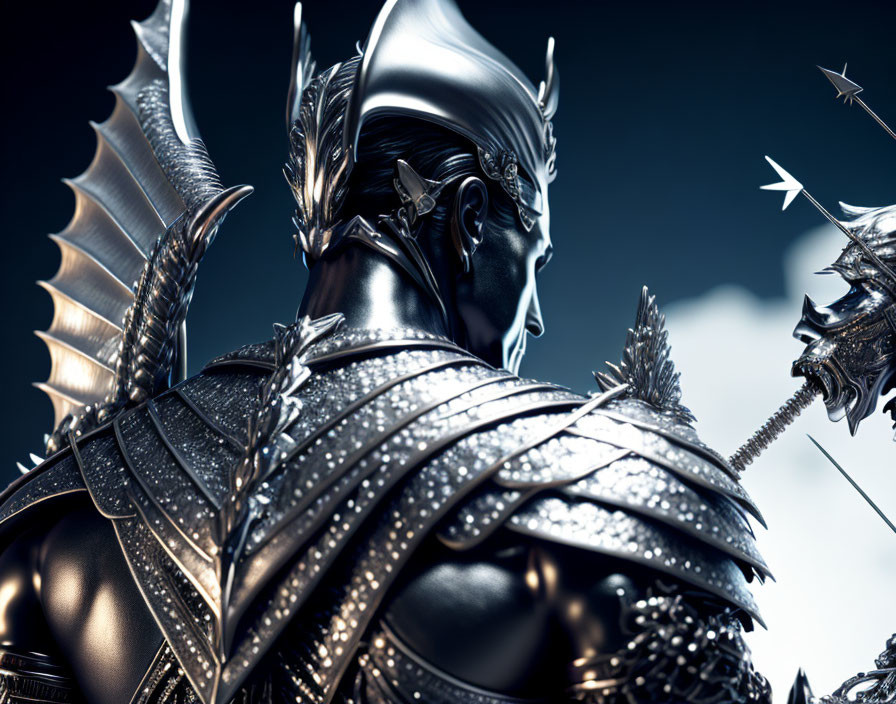 Detailed 3D Rendering of Fantasy Armored Knight in Intricate Armor Facing Dark Spiked Helm