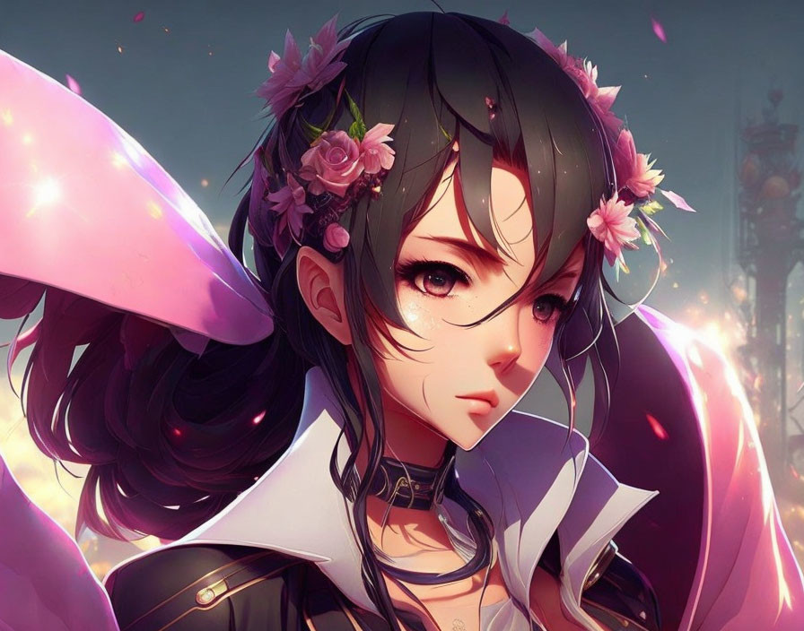 Illustration of girl with expressive eyes and black hair adorned with pink flowers against glowing pink wings