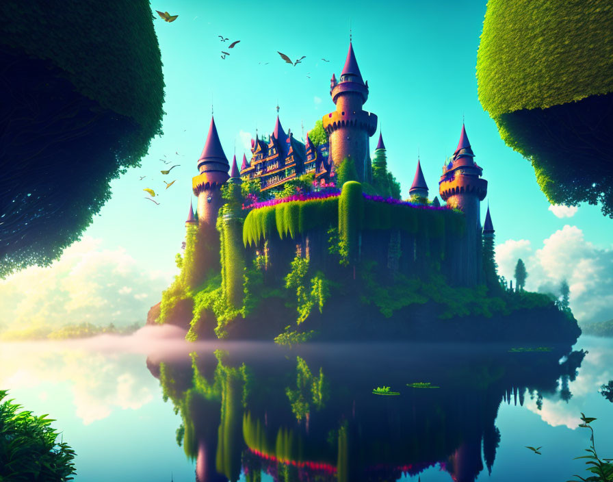 Majestic castle on lush island with vibrant foliage and flying birds