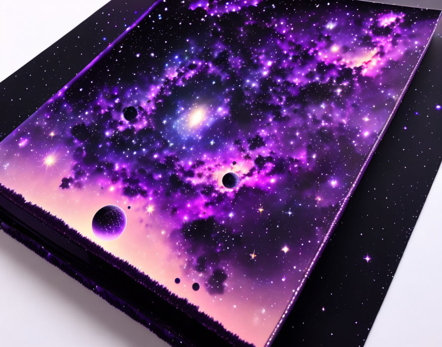 Cosmic-Themed Book Cover with Vibrant Galaxy, Stars, Nebulae, Planets