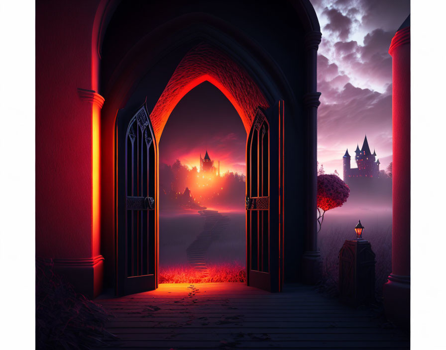 Gothic arched doorway reveals mystical sunset scene with castle silhouette and lantern at twilight