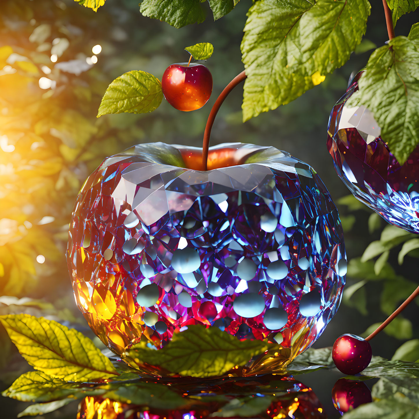 Crystal apple with cherry and leaves in colorful light reflections.