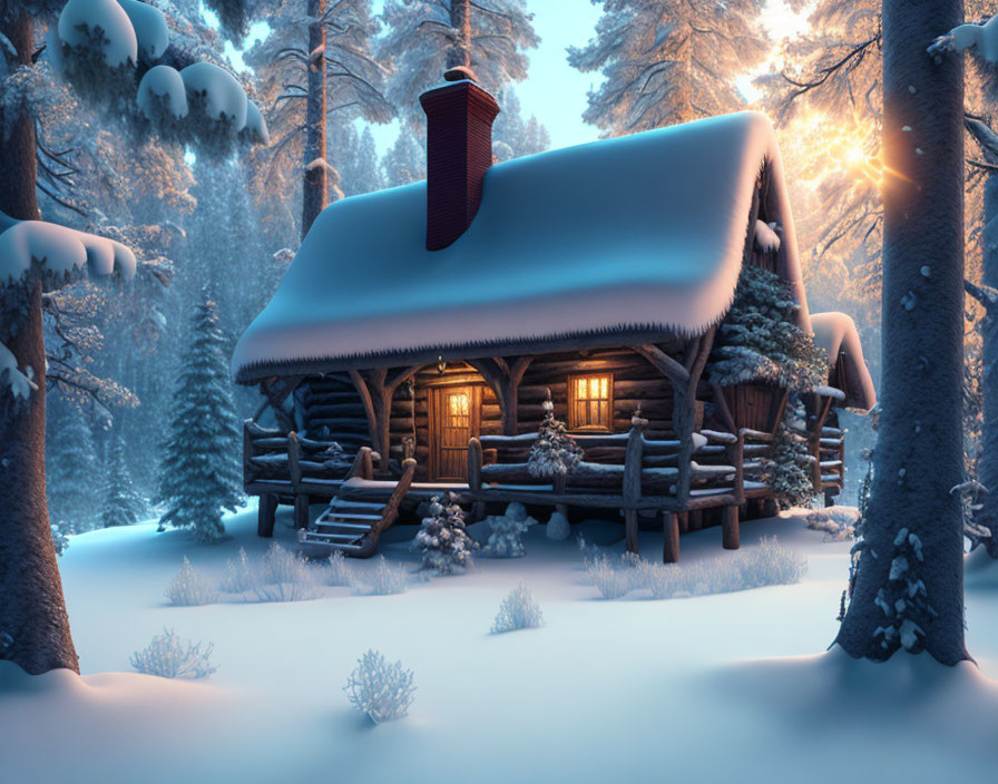 Snow-covered log cabin in serene winter forest