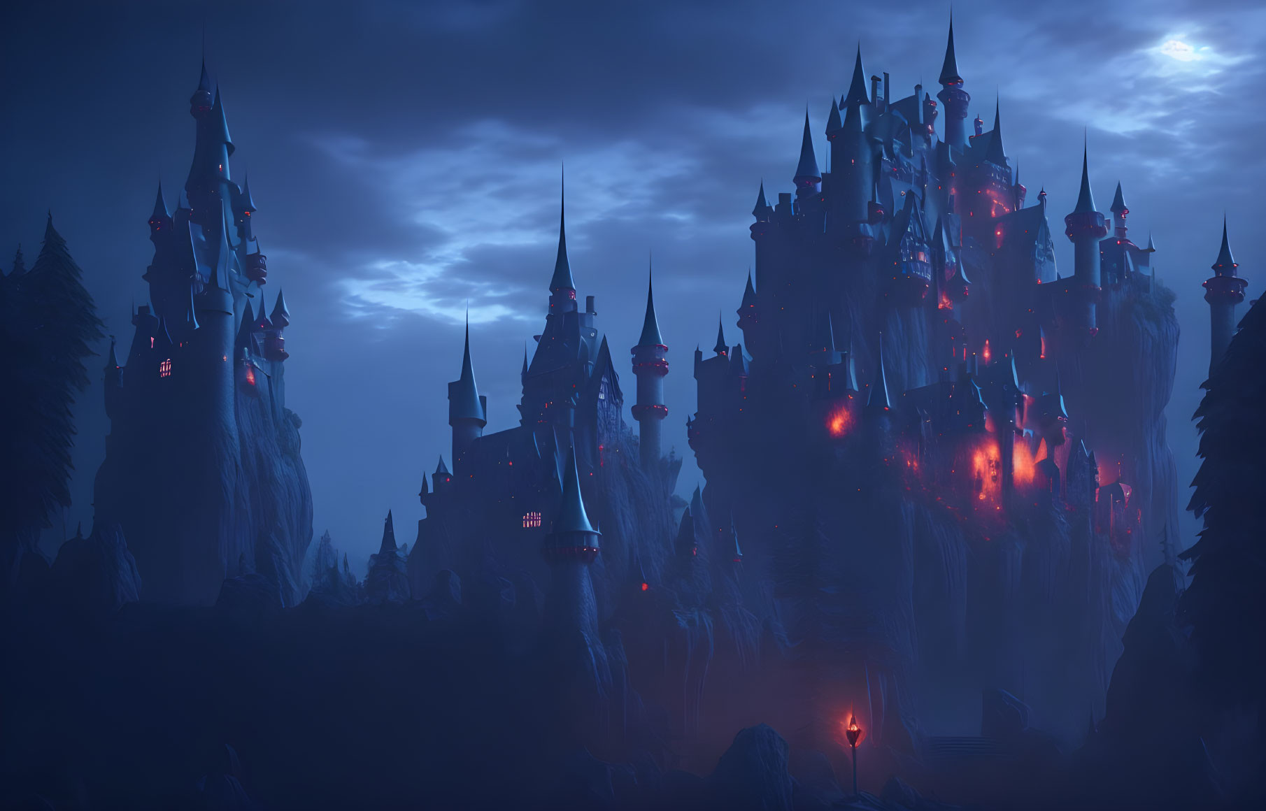 Mystical nighttime scene of grand castle on craggy cliffs