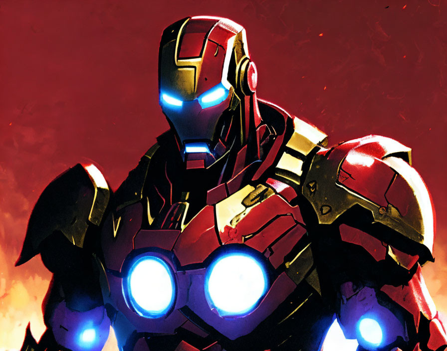 Detailed Iron Man illustration in armored suit with glowing eyes and chest reactor on red backdrop